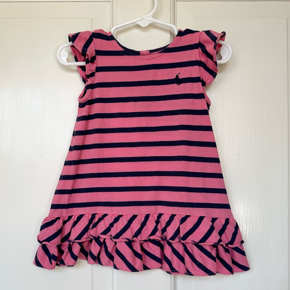 Ralph Lauren 12M Striped Ruffle Dress & Bloomers Pink Navy